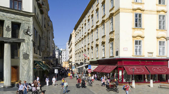 Vienna's historic shopping street with Secessionist-style buildings and elegant storefronts